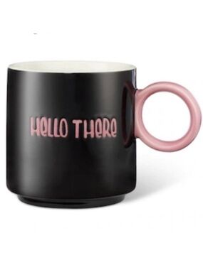Hello There Black Ceramic Mug with Pink Handle